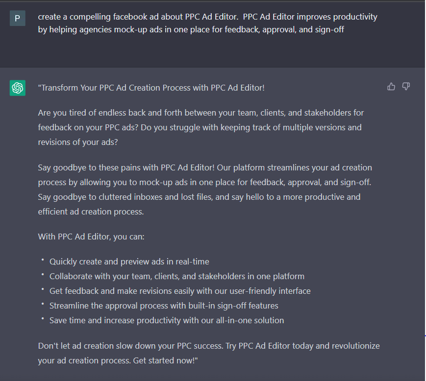 chatgpt prompt for facebook ad description