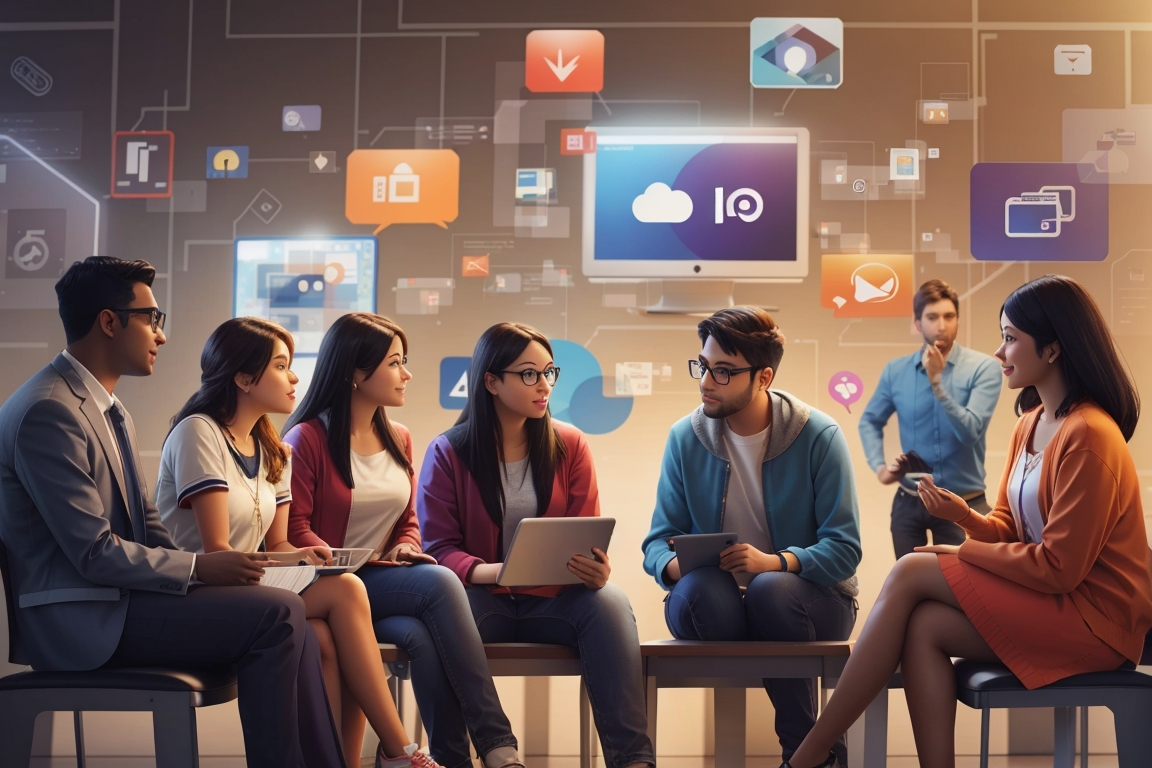 A group of people discussing cross platform advertising