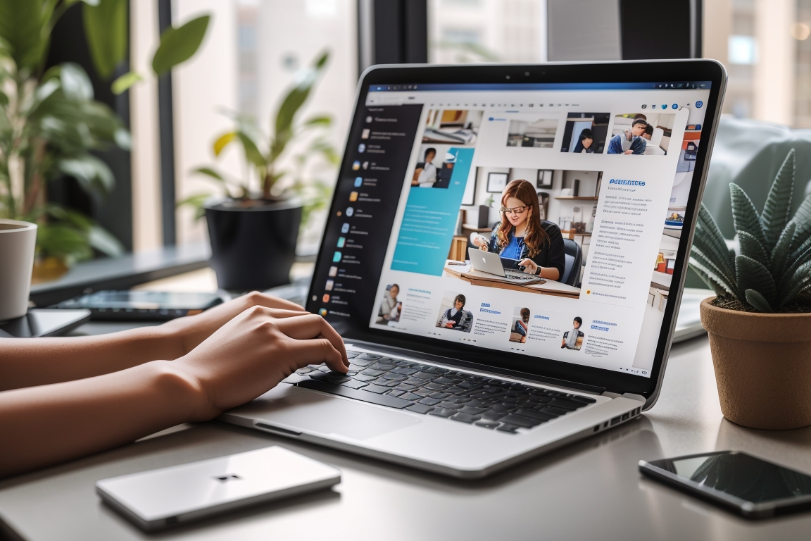 A person using a laptop to research emerging trends in cross platform advertising for 2024