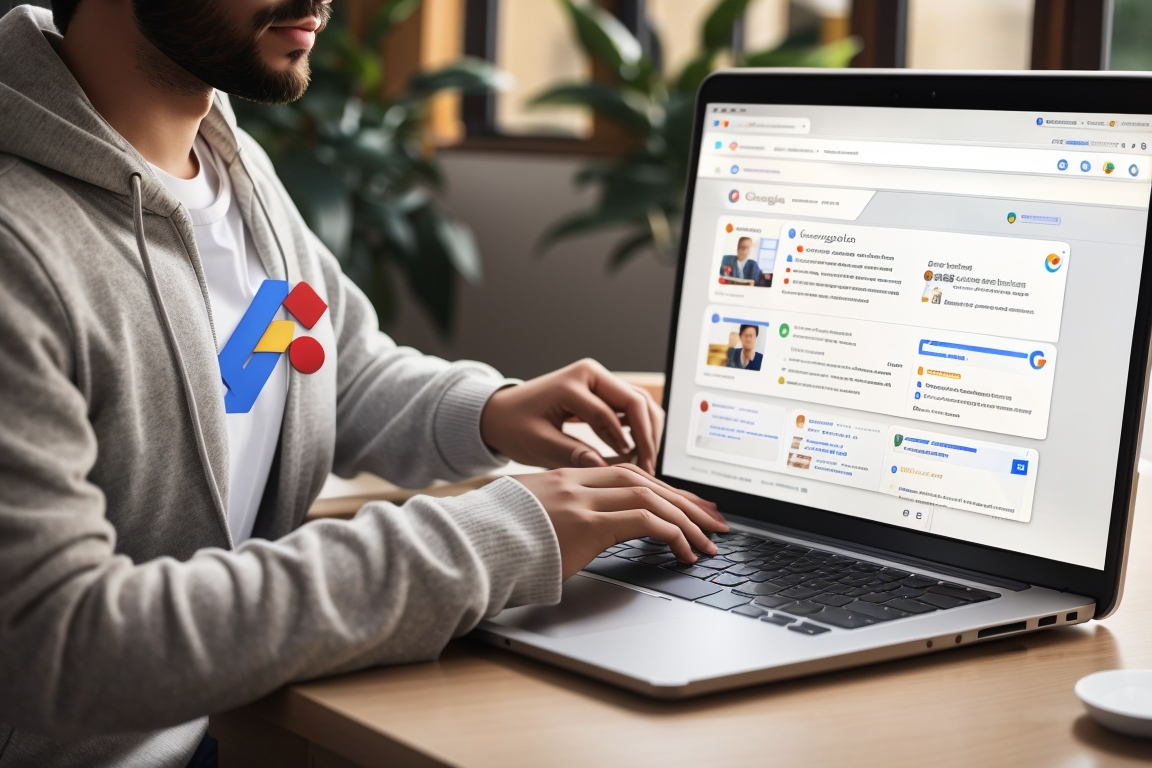 A person using a laptop to access Google Ads and combine topic targeting with other targeting options