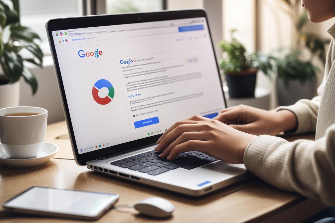 A person using a laptop to access Google Ads and view successful topic targeting campaigns