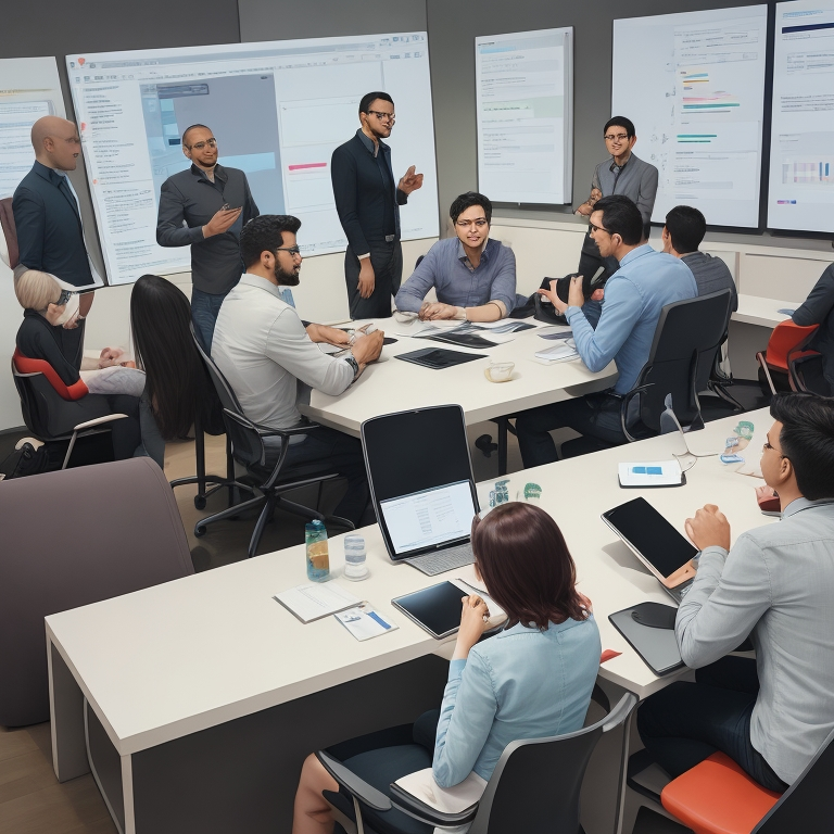 A group of people discussing the future of UX/UI design in digital marketing